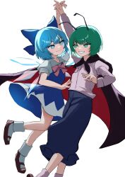 Rule 34 | 2girls, :d, absurdres, antennae, black cape, black footwear, blue bow, blue dress, blue eyes, blue hair, blue pants, bow, cape, cirno, closed mouth, commentary request, detached wings, dress, green eyes, green hair, hair bow, highres, holding hands, ice, ice wings, juliet sleeves, long sleeves, looking at another, mikan (manmarumikan), multiple girls, open mouth, pants, puffy sleeves, shirt, short hair, simple background, smile, socks, touhou, white background, white shirt, white socks, wings, wriggle nightbug