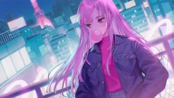 Rule 34 | 1girl, billboard, blowing bubbles, chewing gum, cityscape, denim, ekao, hands in pockets, hololive, hololive english, jacket, jeans, long hair, looking to the side, mori calliope, pants, pink hair, railing, red eyes, tokyo tower, turtleneck, virtual youtuber