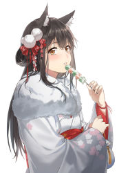 Rule 34 | 1girl, alternate costume, animal ear fluff, animal ears, arknights, black hair, blush, bow, brown eyes, dango, feather boa, floral print, food, hair between eyes, hair bow, hair rings, hand up, highres, holding, holding food, japanese clothes, kimono, long hair, long sleeves, looking at viewer, parted lips, pom pom (clothes), qianjingya, red bow, red sash, sanshoku dango, sash, sidelocks, simple background, solo, texas (arknights), upper body, wagashi, white background, white kimono, wide sleeves, wolf ears