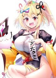 Rule 34 | 1girl, :d, absurdres, ahoge, alternate costume, bad anatomy, bad leg, bloom, blush, bow, breasts, center frills, covered navel, crystal, flandre scarlet, frills, hair bow, hair ornament, highres, large breasts, nail polish, off shoulder, one side up, open mouth, red bow, red eyes, red nails, sakuramiya nya, short hair with long locks, simple background, smile, solo, touhou, white background, wide sleeves, wings, x hair ornament