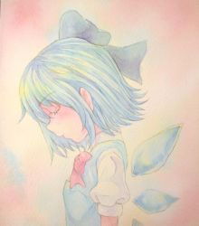Rule 34 | 1girl, acrylic paint (medium), blue hair, blush stickers, bow, cirno, closed eyes, graphite (medium), hair bow, highres, ice, ice wings, painting (medium), profile, short hair, solo, touhou, traditional media, watercolor (medium), wings, yuyu (00365676)