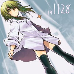 Rule 34 | 1girl, black thighhighs, breasts, closed mouth, dated, green eyes, green hair, hair between eyes, hekikai no aion, highres, kagesaki yuna, miyazaki seine, oversized clothes, oversized shirt, shirt, short hair with long locks, simple background, small breasts, solo, sparkle, thighhighs, white shirt