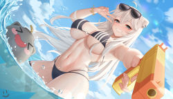 Rule 34 | 1girl, ahoge, aiming, aiming at viewer, animal ears, bikini, black bikini, blue sky, breasts, cloud, commentary, day, earrings, floating hair, gold bracelet, grey eyes, grin, highres, holding, holding water gun, hololive, jewelry, large breasts, lens flare, lion ears, lion girl, long hair, looking at viewer, navel, outstretched arm, shishiro botan, skindentation, sky, smile, ssrb (shishiro botan), stomach, sunglasses, sunlight, swimsuit, teeth, thigh strap, thighs, underboob, v, virtual youtuber, wading, water, water gun, wei xiao, wet, white hair