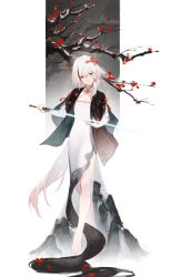Rule 34 | 1girl, absurdres, bad id, bad pixiv id, branch, closed mouth, dress, fu hua, fu hua (phoenix), full body, gugugu (enigma0009), highres, holding, holding sword, holding weapon, honkai (series), honkai impact 3rd, long hair, multicolored hair, ponytail, red eyes, solo, streaked hair, sword, weapon, white dress, white hair, yin yang