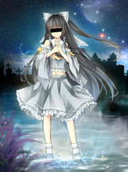 Rule 34 | 1girl, absurdres, alternate color, ascot, bar censor, black hair, bow, censored, clenched hand, detached sleeves, gyaza, hair bow, hair ribbon, hakurei reimu, highres, identity censor, long hair, looking at viewer, m.u.g.e.n, ribbon, smirk, solo, standing, touhou, wind