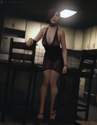 Rule 34 | 1girl, 3d, arm support, artist request, bare legs, bare shoulders, breasts, brown hair, cleavage, dress, eileen galvin, full body, highres, kitchen, lips, looking at viewer, medium breasts, shiny skin, short hair, silent hill, silent hill (series), silent hill 4: the room, solo, standing, thighs, wide hips