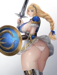 Rule 34 | 1girl, ass, blonde hair, blue eyes, braid, breasts, butt crack, clothes lift, from behind, hair ornament, hair ribbon, highres, huge ass, kurone rinka, large breasts, long hair, looking at viewer, namco, parted lips, ribbon, shield, shiny clothes, shiny skin, sideboob, skirt, skirt lift, solo, sophitia alexandra, soul calibur, sword, thick thighs, thighhighs, thighs, thong, very long hair, weapon, wide hips, wind, wind lift