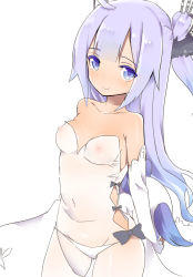 Rule 34 | 1girl, ahoge, azur lane, bare shoulders, blue eyes, breasts, caburi aki, colored eyelashes, cowboy shot, detached sleeves, dress, gloves, long hair, nipples, one side up, panties, purple hair, see-through, simple background, small breasts, smile, solo, underwear, unicorn (azur lane), very long hair, white dress, white gloves, white panties