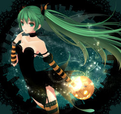 Rule 34 | 1girl, bad id, bad pixiv id, bracelet, choker, cityscape, detached sleeves, garter straps, green eyes, green hair, halloween, hatsune miku, highres, jack-o&#039;-lantern, jewelry, lace, lace-trimmed legwear, lace trim, long hair, matching hair/eyes, night, ouka mai, pumpkin, solo, striped clothes, striped thighhighs, thighhighs, twintails, very long hair, vocaloid