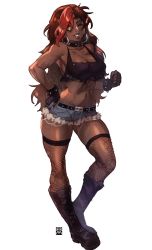 Rule 34 | 1girl, abs, absurdres, armpit peek, belt, black footwear, black gloves, black nails, boots, bracelet, breasts, brown hair, cleavage, clenched hand, collar, combat boots, commentary, commission, crop top, cross-laced footwear, cutoffs, dark-skinned female, dark skin, denim, denim shorts, earrings, english commentary, ericmartindood, eyebrow piercing, fishnet thighhighs, fishnets, full body, gloves, green eyes, hand on own hip, highres, hoop earrings, jewelry, knee boots, lace-up boots, lip piercing, lips, long hair, medium breasts, messy hair, multicolored hair, muscular, muscular female, nail polish, navel, navel piercing, nose, one eye closed, original, piercing, red hair, shirt, shorts, simple background, solo, spiked bracelet, spiked collar, spikes, tank top, thighhighs, torn clothes, torn shirt, torn thighhighs, two-tone hair, very dark skin, white background