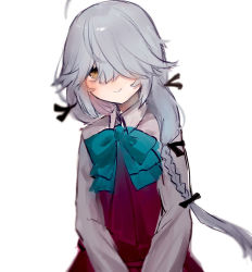 Rule 34 | 1girl, :&gt;, after suko, ahoge, blue bow, blue bowtie, bow, bowtie, braid, dress, grey hair, hair between eyes, hair over one eye, hair ribbon, hamanami (kancolle), kantai collection, long hair, long sleeves, looking at viewer, purple dress, ribbon, shirt, simple background, single braid, smile, solo, white background, white shirt, yellow eyes