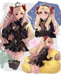 Rule 34 | 1girl, appleale19, black cape, black dress, black gloves, black hair, black thighhighs, blonde hair, blush, cape, closed mouth, commentary, dark-skinned female, dark skin, dress, dumuzid (fate), earrings, ereshkigal (fate), ereshkigal alter (fate), fate/grand order, fate (series), fur-trimmed cape, fur trim, gloves, hair ribbon, hand on own hip, heart, highres, jewelry, long hair, long sleeves, multiple views, parted bangs, red eyes, red ribbon, ribbon, sheep, smile, sweat, thighhighs, tiara, two side up, very long hair