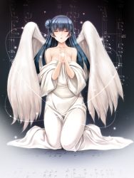 Rule 34 | 10s, 1girl, ancient greek clothes, bare shoulders, bass clef, beamed quavers, blue hair, blush, chiton, closed eyes, collarbone, commentary request, full body, hair bun, highres, interlocked fingers, kamishiro mai (capti-no), kneeling, long hair, looking at viewer, love live!, love live! sunshine!!, musical note, open mouth, own hands clasped, own hands together, quaver, quaver rest, sharp sign, sheet music, single hair bun, smile, solo, staff (music), toga, tsushima yoshiko, wings