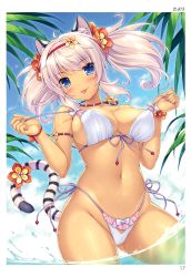 Rule 34 | 1girl, :p, absurdres, ahoge, animal ears, armlet, bikini, blue eyes, blue sky, blush, border, bow, breasts, cat ears, cat tail, cleavage, cloud, covered erect nipples, cowboy shot, dark-skinned female, dark skin, day, dutch angle, eyebrows, flower, frilled bikini, frills, front-tie bikini top, front-tie top, hair flower, hair ornament, hairband, head tilt, highres, jewelry, large breasts, long hair, looking at viewer, nail polish, navel, necklace, outdoors, page number, palm tree, pink nails, pulling own clothes, purple ribbon, ribbon, sayori (neko works), scan, side-tie bikini bottom, silver hair, sky, slit pupils, smile, solo, sparkle, standing, stomach, strap pull, summer, swept bangs, swimsuit, tail, tiger ears, tiger tail, tongue, tongue out, toranoana, tree, twintails, wet, white bikini, white border, white bow, wristband