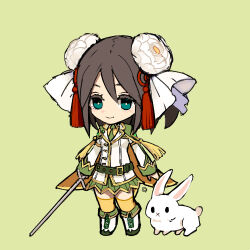 Rule 34 | 1girl, :x, alternate color, blazer, blue eyes, boots, breasts, brown hair, cape, chibi, closed mouth, collared shirt, commentary request, cross-laced footwear, flower, full body, genetic (ragnarok online), green background, green cape, green necktie, green skirt, hair between eyes, hair flower, hair ornament, hair ribbon, holding, holding sword, holding weapon, jacket, kusabi (aighe), long bangs, long sleeves, looking at viewer, lowres, miniskirt, necktie, official alternate costume, rabbit, ragnarok online, red tassel, ribbon, shirt, short hair, simple background, skirt, small breasts, smile, solo, standing, sword, tassel, tassel hair ornament, thighhighs, two-sided cape, two-sided fabric, weapon, white flower, white footwear, white jacket, white ribbon, yellow cape, yellow shirt, yellow thighhighs