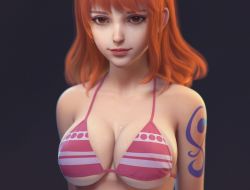 Rule 34 | 1girl, arms at sides, bikini, breasts, brown eyes, cleavage, collarbone, highres, large breasts, long hair, looking at viewer, nami (one piece), one piece, orange hair, pink bikini, pirate, shadow, shousizhe, simple background, solo, standing, swimsuit, tattoo, third-party edit, underboob, upper body, wet