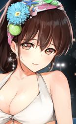 Rule 34 | 1girl, bikini, blue flower, blush, breasts, brown eyes, brown hair, cantaloupe, closed mouth, earrings, flower, food, fruit, glint, hair flower, hair ornament, hairband, halterneck, highres, hoop earrings, jewelry, large breasts, looking at viewer, melon, cantaloupe, original, ponytail, shell, shell hair ornament, smile, solo, starfish, starfish hair ornament, sweat, swimsuit, umakuchi shouyu, upper body, white bikini