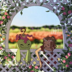 Rule 34 | brown hair, child, closed eyes, digimon, digimon (creature), digimon adventure, flower, friends, happy, open mouth, palmon, pink flower, signature, smile, tachikawa mimi, white flower