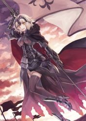 Rule 34 | 1girl, ahoge, armor, armored boots, armored dress, black thighhighs, boots, cape, dutch angle, fate/grand order, fate (series), flag, fur, gauntlets, headpiece, jeanne d&#039;arc (fate), jeanne d&#039;arc alter (avenger) (fate), jeanne d&#039;arc alter (avenger) (first ascension) (fate), jeanne d&#039;arc alter (fate), looking at viewer, md5 mismatch, miyakure, parted lips, resolution mismatch, short hair, smile, solo, source smaller, thighhighs, white hair, yellow eyes