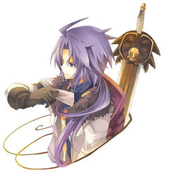 Rule 34 | 00s, 1boy, ahoge, black eyes, black gloves, decus (tales), fruit punch, fur trim, gloves, long hair, male focus, paper, ponytail, purple hair, smile, solo, sword, tales of (series), tales of symphonia, tales of symphonia: dawn of the new world, weapon, white background
