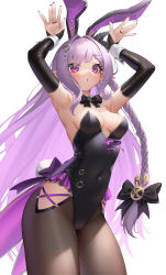 Rule 34 | 1girl, animal ears, armpits, arms up, back bow, blush, bow, bowtie, breasts, bridal gauntlets, cleavage, clothing cutout, detached collar, eyebrows hidden by hair, eyes visible through hair, fake animal ears, hair bow, hair ornament, hair over one eye, hairclip, highres, horns, leotard, long braid, long hair, looking at viewer, medium breasts, navel, original, pantyhose, parted lips, playboy bunny, pointy ears, purple eyes, purple hair, rabbit ears, rabbit pose, rabbit tail, sideboob, single horn, skin tight, solo, strapless, strapless leotard, suraimu (suraimuraimu), tail, thigh cutout, thighs, underboob, very long hair