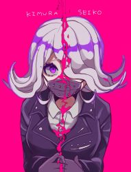 Rule 34 | 1girl, ameko53133, black jacket, breasts, character name, collared shirt, commentary request, danganronpa (series), danganronpa 3 (anime), dress shirt, flipped hair, gloves, grey hair, hair over one eye, highres, jacket, kimura seiko, long hair, long sleeves, looking at viewer, mask, mouth mask, own hands together, pink background, pink eyes, purple eyes, purple hair, shirt, simple background, solo, upper body, white shirt