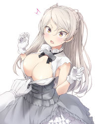 Rule 34 | 1girl, breasts, brown eyes, cleavage, cleavage cutout, clothing cutout, conte di cavour (kancolle), conte di cavour nuovo (kancolle), corset, dress, gloves, grey dress, highres, kantai collection, large breasts, layered dress, long hair, sakana (flame sakana), silver hair, sleeveless, sleeveless dress, solo focus, two-tone dress, two side up, white dress, white gloves