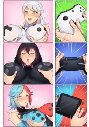 Rule 34 | 1girl, 3girls, band-width, bare shoulders, black hair, blue eyes, blue hair, blush, bodysuit, grabbing another&#039;s breast, breasts, breath, comic, controller, covered erect nipples, detached sleeves, emphasis lines, game console, game controller, grabbing, groping, heart, heart-shaped pupils, heterochromia, large breasts, long hair, looking at viewer, multicolored hair, multiple girls, nintendo, nintendo switch, nintendo switch (personification), open mouth, original, parted lips, personification, playstation 4, playstation 4 (personification), playstation controller, product girl, red eyes, red hair, rolling eyes, short hair, smile, symbol-shaped pupils, tongue, tongue out, upper body, white hair, xbox, xbox controller, xbox one, xbox one (personification)