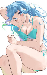 Rule 34 | 1girl, absurdres, alternate costume, arm up, ass, bikini, blue bikini, blue eyes, blue hair, boku no hero academia, breasts, cleavage, fengling (furin-jp), hadou nejire, highres, large breasts, long hair, looking at viewer, lying, on side, simple background, solo, swimsuit, white background
