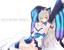 Rule 34 | 1girl, armpits, arms up, azure striker gunvolt, bad id, bad pixiv id, bare shoulders, black skirt, blonde hair, breasts, butterfly hair ornament, cleavage, clothes lift, detached sleeves, dress, hair ornament, highres, large breasts, long hair, lumen (gunvolt), multicolored hair, nenguip, red hair, sitting, skirt, skirt lift, solo, thighhighs, two-tone hair, wide sleeves, wings, zettai ryouiki