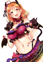 Rule 34 | 1girl, :d, ahoge, armband, bare shoulders, bat ornament, bikini, bikini top only, black horns, blush, bodypaint, bow skirt, bra, braid, breasts, cleavage, covered erect nipples, cowboy shot, crop top, curvy, demon girl, demon horns, demon tail, demon wings, detached collar, fang, flower, frilled bra, frilled gloves, frilled panties, frilled skirt, frills, fur trim, gloves, groin, hair flower, hair ornament, hairband, heart, heart-shaped ornament, heart hair ornament, highleg, highleg panties, highres, holding own tail, holding tail, horn ornament, horns, jewelry, kuzu kow, lace, lace hairband, layered skirt, looking at viewer, love live!, love live! school idol festival, love live! sunshine!!, markings, medium breasts, midriff, narrow waist, navel, open mouth, orange hair, panties, puffy nipples, raised eyebrows, red eyes, shiny skin, short hair, side braid, simple background, skin fang, skirt, smile, solo, stomach, swimsuit, tail, takami chika, thong, underwear, w arms, white background, wide hips, wings