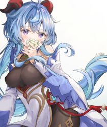 Rule 34 | 1girl, ahoge, bare shoulders, blue hair, blush, bodystocking, breasts, covered navel, cowboy shot, detached sleeves, flower, ganyu (genshin impact), genshin impact, highres, holding, holding flower, horns, kejirion, long hair, long sleeves, looking at viewer, medium breasts, no gloves, purple eyes, red ribbon, ribbon, simple background, smelling flower, solo, twitter username, very long hair, white background, white flower