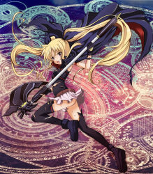 Rule 34 | 00s, 1girl, armband, ass, bardiche (axe form) (nanoha), bardiche (nanoha), belt, black thighhighs, blonde hair, blue ribbon, brown eyes, cape, fate testarossa, fate testarossa (movie 1st form), fingerless gloves, floating hair, from side, full body, gloves, hair ribbon, holding, holding weapon, knee up, long hair, lyrical nanoha, magic circle, mahou shoujo lyrical nanoha, microskirt, no panties, open mouth, red eyes, ribbon, skirt, solo, staff, thighhighs, torn clothes, torn thighhighs, twintails, two-handed, very long hair, weapon, yotsuha (little squash)