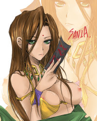 Rule 34 | 1girl, arc the lad, arc the lad ii, breasts, brown hair, card, choker, female focus, green eyes, large breasts, long hair, nipples, sania, sania (arc the lad), solo, twins7, wardrobe malfunction, wristband