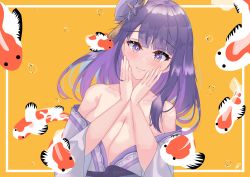 Rule 34 | 1girl, absurdres, blush, braid, breasts, cleavage, closed mouth, commentary request, fish, flower, genshin impact, hair ornament, hands on own cheeks, hands on own face, highres, japanese clothes, kimono, large breasts, long hair, long sleeves, looking at viewer, mole, mole under eye, obi, purple eyes, purple flower, purple hair, raiden shogun, sash, smile, solo, tabaji, tassel, wide sleeves, yellow background