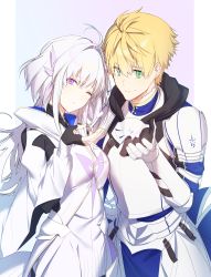 Rule 34 | 1boy, 1girl, ahoge, armor, arthur pendragon (fate), bad id, bad pixiv id, black gloves, blonde hair, breastplate, breasts, closed mouth, commentary, dore (gilles dore), english commentary, fate/grand order, fate/grand order arcade, fate/prototype, fate (series), fingerless gloves, gauntlets, gloves, green eyes, hair between eyes, hair intakes, hair ornament, hand up, heart, highres, hood, hood down, hooded robe, long hair, merlin (fate/prototype), merlin (fate/prototype) (second ascension), pauldrons, pink eyes, robe, shoulder armor, small breasts, smile, very long hair, white hair, white robe