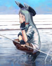 Rule 34 | 10s, 1girl, beach, blue hair, blue sky, blunt bangs, day, dress, fingerless gloves, from side, fujibejifu, gloves, hair ribbon, hand on own cheek, hand on own face, headgear, highres, kantai collection, long hair, murakumo (kancolle), ocean, outdoors, pantyhose, red eyes, ribbon, ripples, sailor dress, shoes, sidelocks, sky, solo, squatting, waves