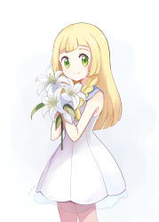 Rule 34 | 1girl, artist name, bad id, bad pixiv id, blonde hair, blunt bangs, braid, braided bangs, cowboy shot, creatures (company), dress, female focus, flower, game freak, green eyes, highres, holding, holding flower, lillie (pokemon), lily (flower), long hair, looking at viewer, mei (maysroom), name connection, nintendo, pokemon, pokemon sm, side braid, simple background, sleeveless, sleeveless dress, smile, solo, twin braids, white background, white dress, white flower
