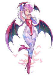 1girl absurdres animal_print arm_behind_head bare_shoulders bat_print boots breasts center_opening covered_navel curious darkstalkers demon_girl demon_wings full_body groin hand_up head_wings high_heel_boots high_heels highleg highleg_leotard highres hip_focus leotard lilith_(darkstalkers) matsuda_(matsukichi) pantyhose pink_hair red_eyes short_hair small_breasts solo standing standing_on_one_leg staring strapless strapless_leotard wings