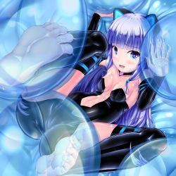 Rule 34 | 1girl, absurdres, animal ears, anniversary, bare shoulders, barefoot, black choker, black dress, black thighhighs, bodysuit, cat ears, choker, collarbone, commentary request, dress, highres, indie virtual youtuber, latex, latex bodysuit, latex dress, latex thighhighs, long hair, mitsuki awano, navel, open mouth, shiny clothes, shouyan, skin tight, solo, spread legs, thighhighs, virtual youtuber