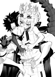 Rule 34 | &gt; &lt;, 1boy, 1girl, anger vein, barefoot, biting, carrying, chaldea uniform, commentary request, crown, dragon tail, fate/grand order, fate (series), fujimaru ritsuka (male), gloves, greyscale, highres, ichiji (loce and peave), monochrome, nero claudius (fate), nero claudius (fate) (all), piggyback, queen draco (fate), tail, toes