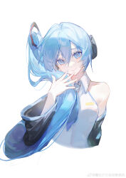 Rule 34 | 1girl, absurdres, bare shoulders, black sleeves, blue eyes, blue hair, blue necktie, chinese commentary, closed mouth, collared shirt, commentary request, cropped torso, derivative work, detached sleeves, fingernails, hair between eyes, hand to own mouth, hand up, hatsune miku, hatsune miku (noodle stopper), head tilt, highres, light smile, long hair, long sleeves, looking at viewer, meme, mofashaonu zidong fanmaiji, necktie, photo-referenced, shirt, side ponytail, sidetail miku noodle stopper (meme), simple background, sleeveless, sleeveless shirt, solo, vocaloid, white background, white shirt, wide sleeves