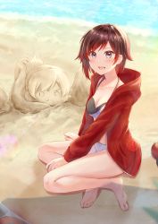 Rule 34 | 2girls, absurdres, beach, blush, breasts, brown hair, cleavage, collarbone, commentary request, day, full body, gradient hair, grey eyes, highres, jacket, long sleeves, looking at viewer, medium breasts, multicolored hair, multiple girls, open mouth, outdoors, red hair, ruby rose, rwby, sand, short hair, sitting, smile, solo, swimsuit, teeth, terulapi, tongue, two-tone hair, water, weiss schnee