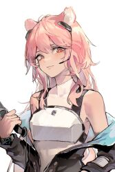 Rule 34 | 1girl, animal ears, arknights, armor, bare shoulders, black jacket, blue jacket, breastplate, bright pupils, chinese commentary, closed mouth, commentary request, gravel (arknights), headgear, highres, holding, infection monitor (arknights), jacket, light blush, light smile, long hair, long sleeves, looking at viewer, microphone, off shoulder, orange eyes, pink hair, shirt, sia di gou, simple background, sleeveless, sleeveless shirt, solo, two-sided fabric, two-sided jacket, upper body, white background, white pupils, white shirt