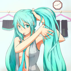 Rule 34 | 1girl, adjusting hair, aqua nails, armpits, blue hair, breasts, cleavage, dressing, green eyes, green hair, hatsune miku, jaco, large breasts, long hair, matching hair/eyes, mouth hold, nail polish, necktie, open clothes, open shirt, shirt, sleeveless, solo, twintails, very long hair, vocaloid