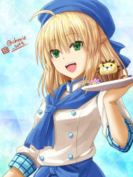 Rule 34 | 1girl, :d, ahoge, artoria pendragon (all), artoria pendragon (fate), blonde hair, blue background, blue headwear, blue neckwear, fate/stay night, fate (series), green eyes, hair between eyes, haura akitoshi, holding, holding plate, medium hair, official alternate costume, open mouth, plate, saber (fate), shirt, sleeves rolled up, smile, solo, twitter username, white shirt