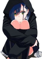 Rule 34 | 10s, 1girl, bad id, bad pixiv id, black hoodie, blue hair, closed mouth, commentary request, darling in the franxx, green eyes, hair between eyes, hair ornament, hair over one eye, hairclip, hood, hood up, hoodie, hugging own legs, ichigo (darling in the franxx), kuro (1968), pleated skirt, short hair, simple background, sitting, skirt, solo, white background