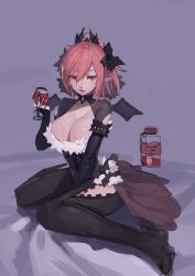 Rule 34 | 1girl, bad id, bad twitter id, bed, bed sheet, black footwear, black gloves, black legwear, blood, blush, bottle, breasts, collarbone, cup, drinking glass, elbow gloves, fur trim, glass, gloves, hair between eyes, holding, holding cup, jam (nandade), large breasts, medium hair, original, parted lips, pink hair, pointy ears, red eyes, shiny skin, sitting, sketch, solo, wine glass