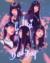 Rule 34 | 1girl, animification, artist name, black hair, black nails, blunt bangs, character name, choker, commentary, cropped torso, diamond earrings, earrings, english commentary, falling petals, highres, hoop earrings, jewelry, k-pop, long hair, looking ahead, looking at viewer, looking to the side, moonmistix, multiple views, petals, pink petals, profile, real life, red velvet (group), ring, seulgi (red velvet), shirt, t-shirt