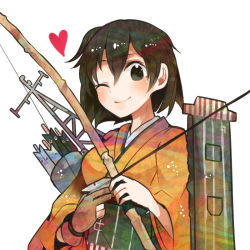 Rule 34 | 10s, 1girl, archery, arrow (projectile), bad id, bad nicoseiga id, bow (weapon), breasts, brown eyes, brown hair, flight deck, gloves, heart, hiryuu (kancolle), itomugi-kun, japanese clothes, kantai collection, kyuudou, medium breasts, one eye closed, partially fingerless gloves, partly fingerless gloves, personification, quiver, radio antenna, short hair, side ponytail, single glove, smile, solo, weapon, wink, yugake